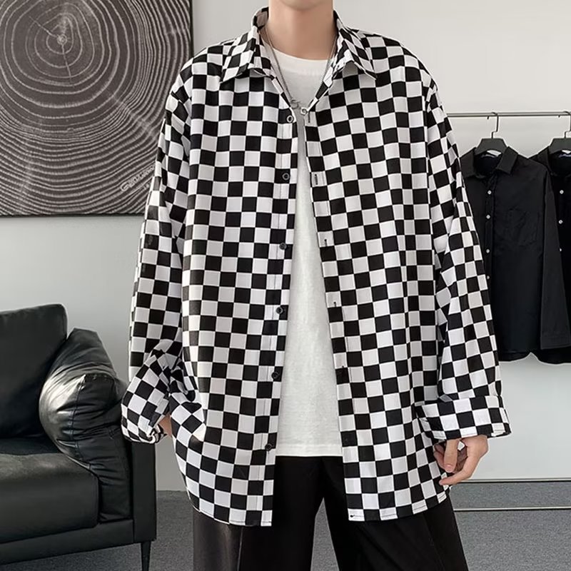 Men's Summer Elastic Thin Trendy Brand Ins Personality Checkerboard Pattern Jacket Cool Long Sleeve Plaid Shirt_viptrois.com