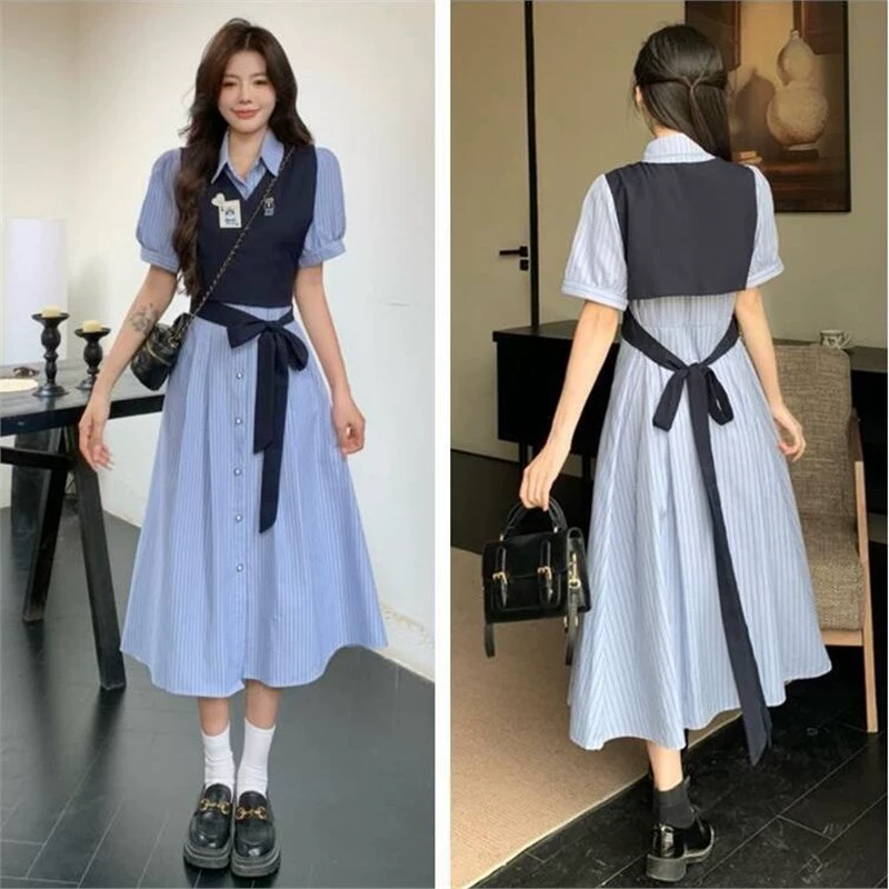 Платье-рубашка в полоску в консервативном стиле больших размеров для женщин, летний элегантный тонкий жилет, длинная юбка, костюм