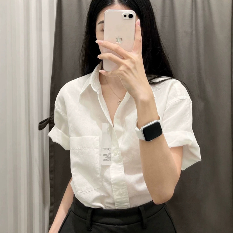 High-End Korean-Style Pure Cotton White Short-Sleeved Shirt, New Summer Style Hong Kong-Style Shirt, Versatile and Elegant Top High-End Korean-Style Pure Cotton White Short-Sleeved Shirt, New Summer Style Hong Kong-Style Shirt, Versatile and Elegant Top
