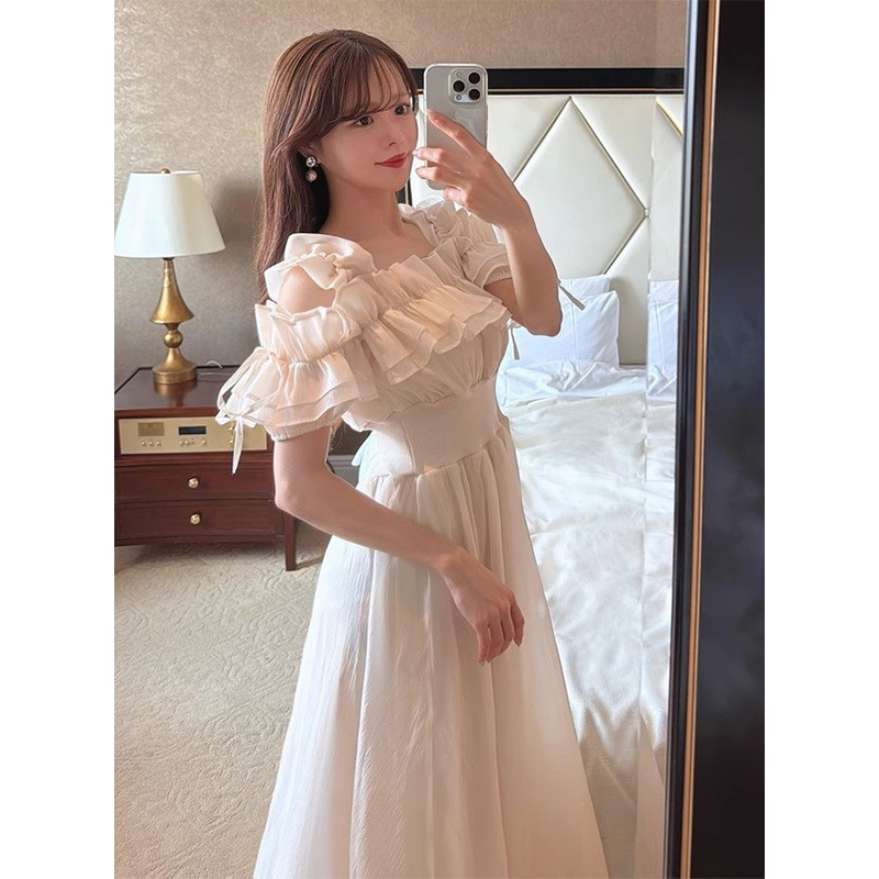 [Hui Lin] 2025 Summer New Cross-border Japanese Sweet Ear Shoulder-exposed Waist dress Female 25A184