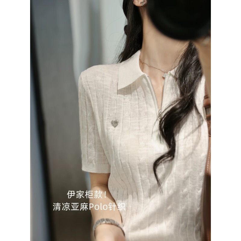 Yi+Gua Style! Thin and Cool Linen Knit Polo Shirt with Cable Knit, Slimming Short-Sleeve Women's Summer New Model H060104