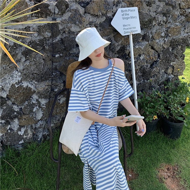 Cotton Striped Lazy Dress, Long Style, Tummy-Covering Dress for Women, Summer Korean-Style Slim Fit Over-The-Knee Home Sleep Dress, Factory Store