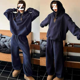 大码慵懒风休闲运动套装女春季胖MM宽松连帽卫衣高级两件套300斤