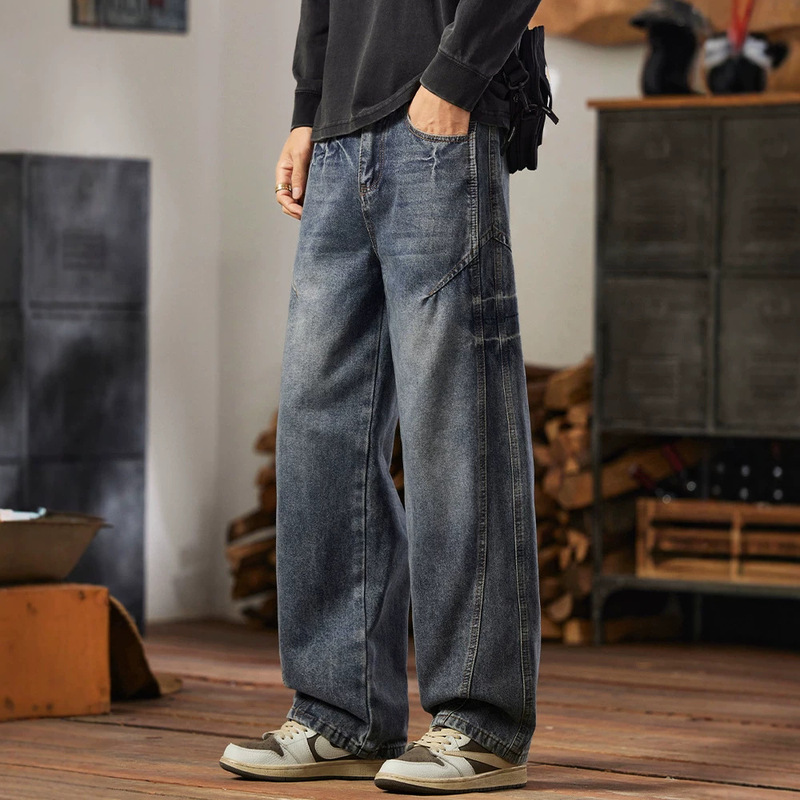 American-style cool retro gradient washed jeans for men, autumn trendy new loose straight casual long pants