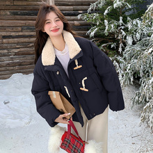 卡其色牛角扣短款羽绒服女2025冬季新款韩版复古立领90白鸭绒外套