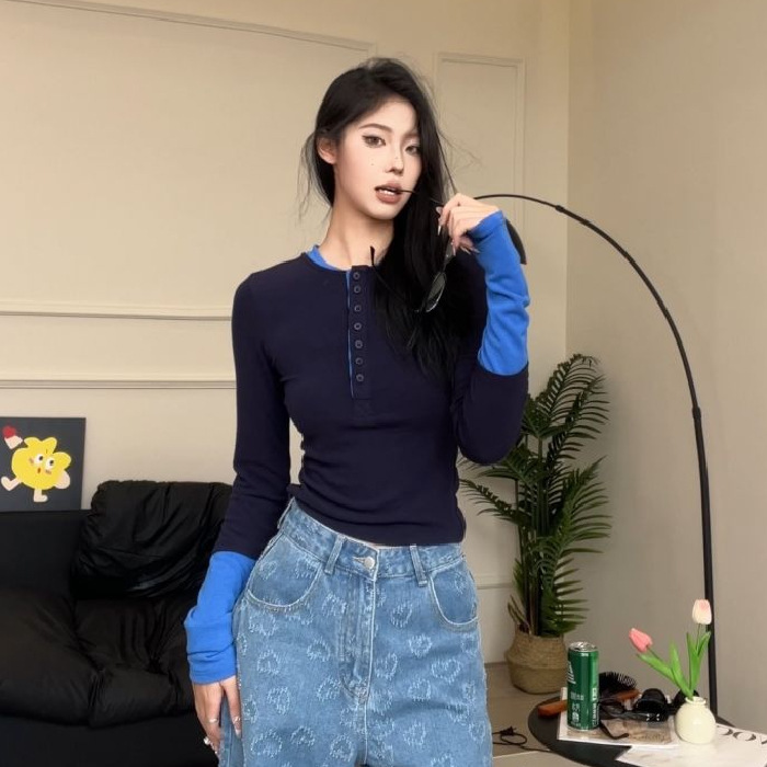 【人棉】撞色拼接长袖T恤女早秋2025新款修身设计感小众打底|undefined