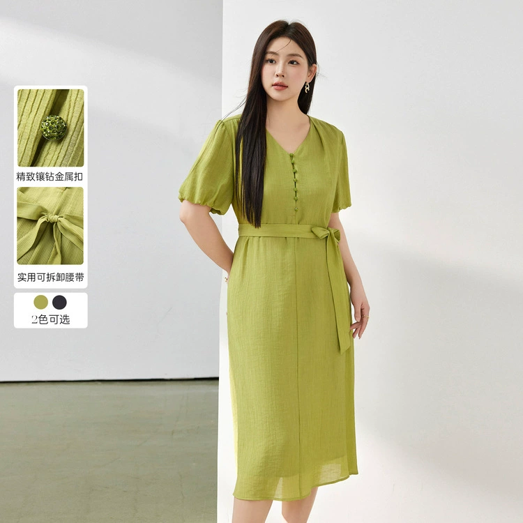 Слабая красивая женская одежда большого размера, легкая зрелая талия, тонкая текстура, темперамент, V-образное платье, жирное mm2024 летнее новое