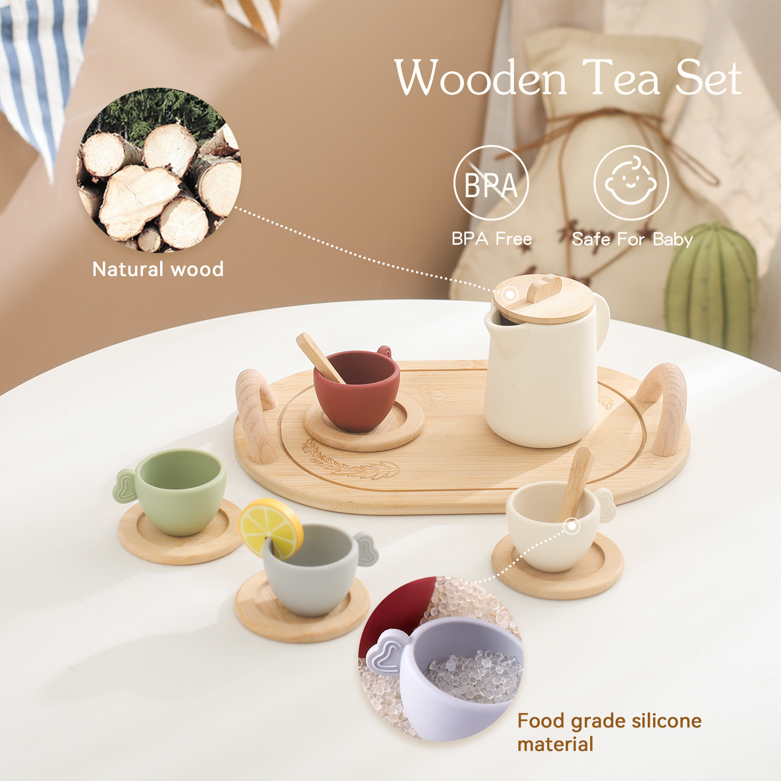 Cross-Border Amazon Hot-Selling Children's Early Education Cognitive Development Kitchen Toys Pretend Play Afternoon Tea Silicone Cups Wooden