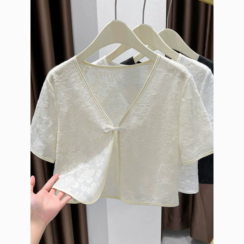 Новый кружевной кардиган в китайском стиле, летнее платье-бретелька с короткими пуговицами в китайском стиле, универсальная маленькая шаль, жаккардовое тонкое пальто