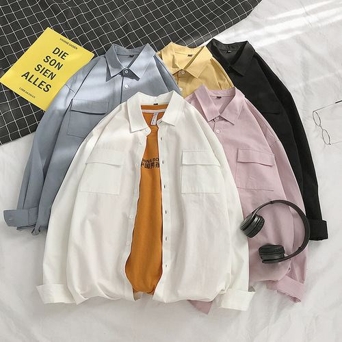 Men's Long-Sleeve Work Jacket, Versatile Casual Urban Style, Student-Friendly, Hip-Hop Trend Brand, Instagram-Inspired, Spring and Autumn Season, Hong Kong Style, Solid Color Shirt