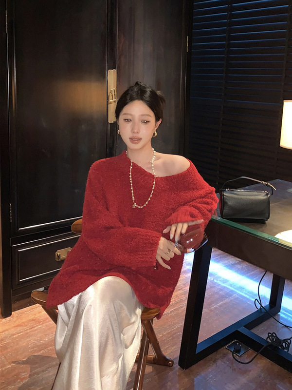 圣诞毛衣秋冬女装氛围感韩系慵懒宽松显瘦温柔红色V领针织衫上衣|undefined