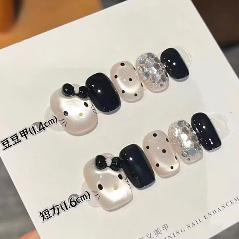 10 pieces of cute cartoon design wearing nail art white bow sweet cool nail art short black nail piece finished product