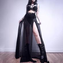 SY22033性感透视网纱拼接开叉半身裙 欧美暗黑风高腰设计感长裙女