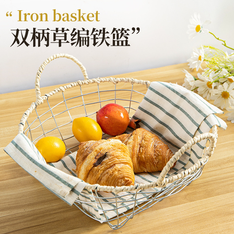 ins铁丝铁艺编织收纳篮零食杂物收纳筐水果面包储物篮手工手提篮|undefined