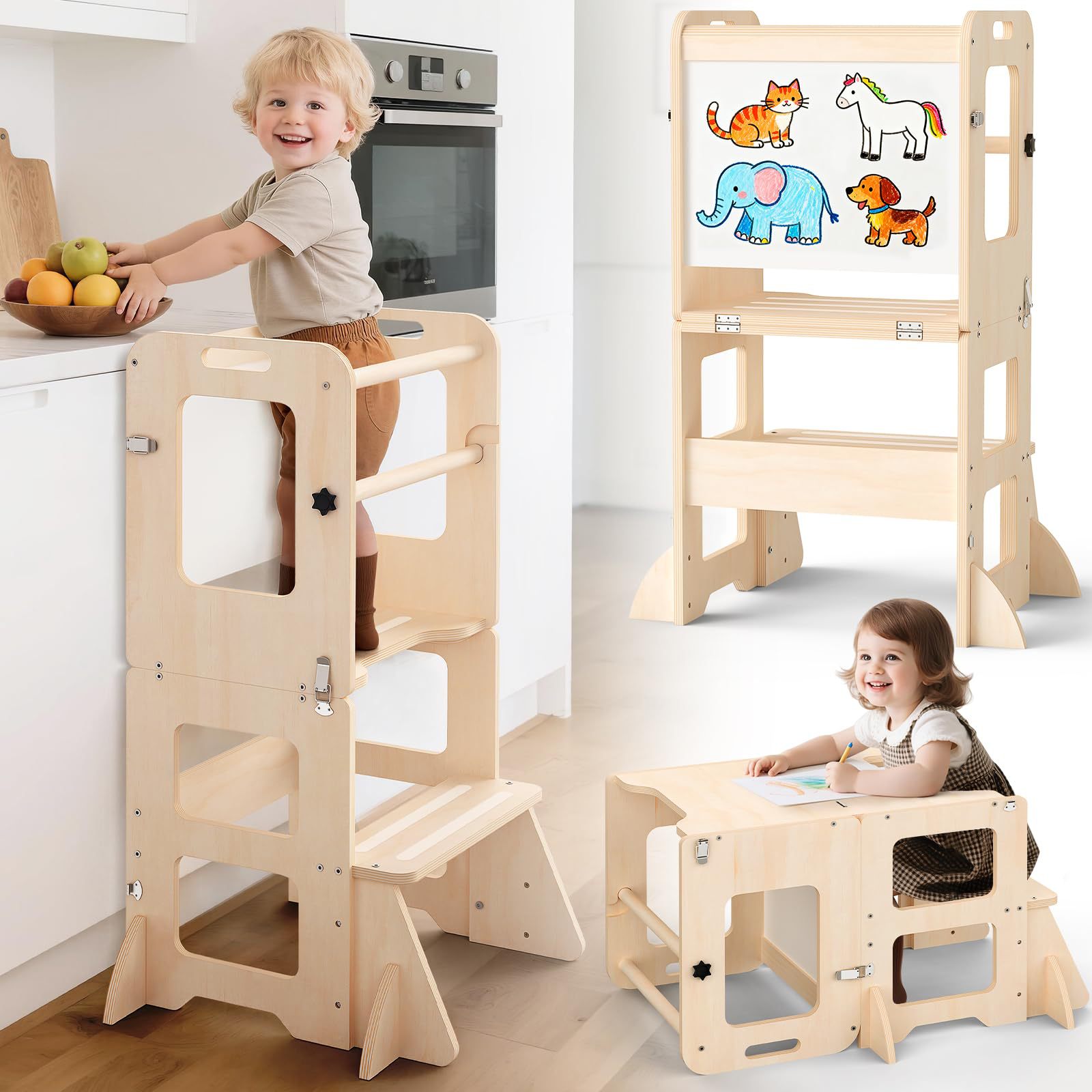 Taburete de baño para niños, taburete para bebés, escalones de lavado de manos, taburete de pies con pasamanos, torre de aprendizaje anti-rollback, madera image 5