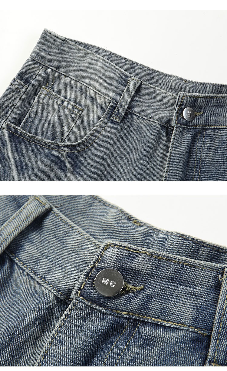 Unisex High-Street Loose Fit Cropped Jeans Lightning Bolt Washed Denim Shorts Blue M-3XL Soft Washed Denim_mkmklike.com