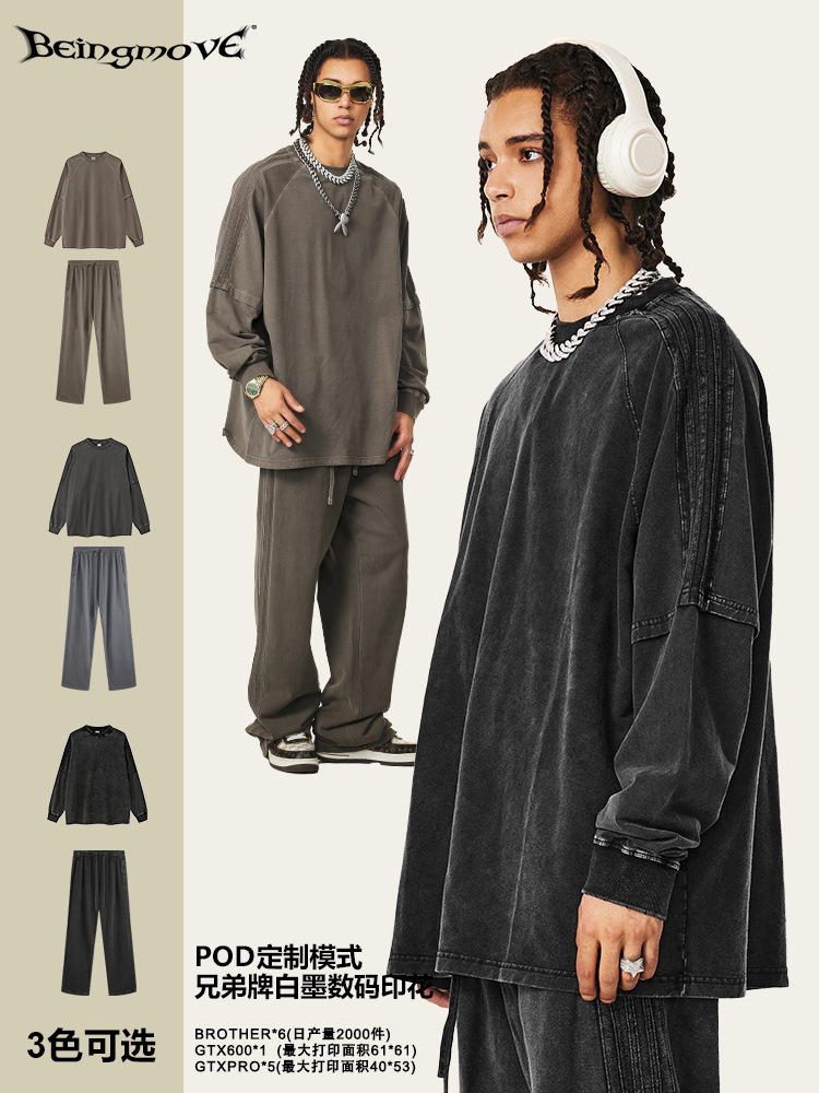 2025 otoño marca de moda americana retro lavado empalme falso dos piezas de camiseta de manga larga correa suelta juego deportivo hombre