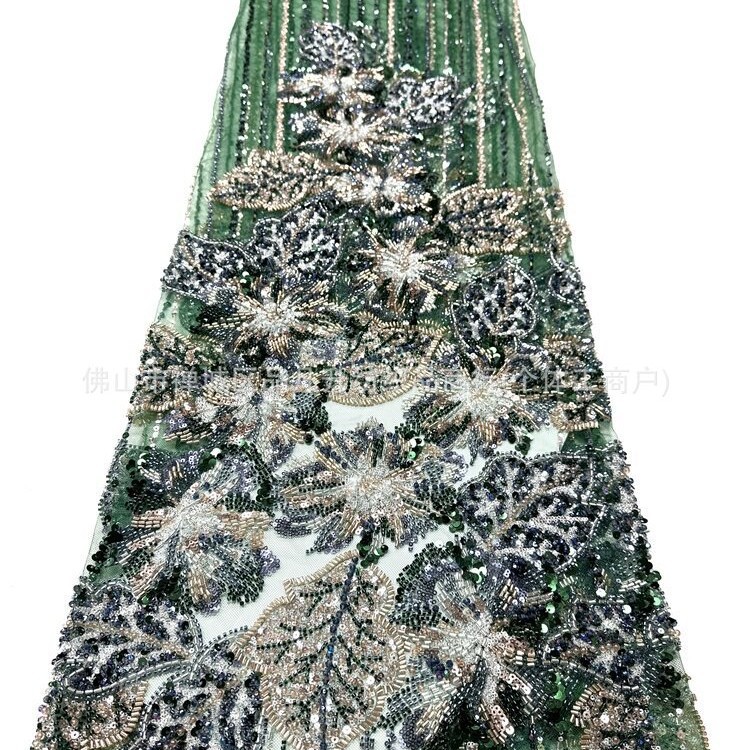 Flores tridimensionales hoja de clavos de cuentas bordadas tela de vestido de boda fabricantes de diseño de cuentas de diseño de tela de bordado de tubería pesada image 3