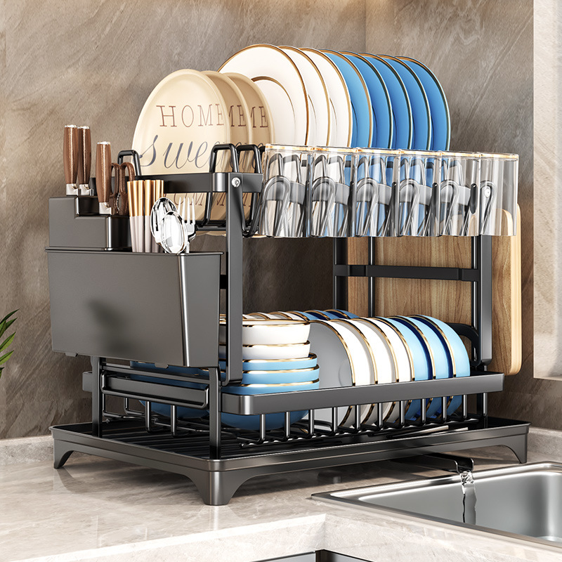 Cocina transfronteriza, estante de metal para el hogar, estante de almacenamiento y drenaje de vajilla, encimera de acabado multifuncional, estante para platos de doble capa