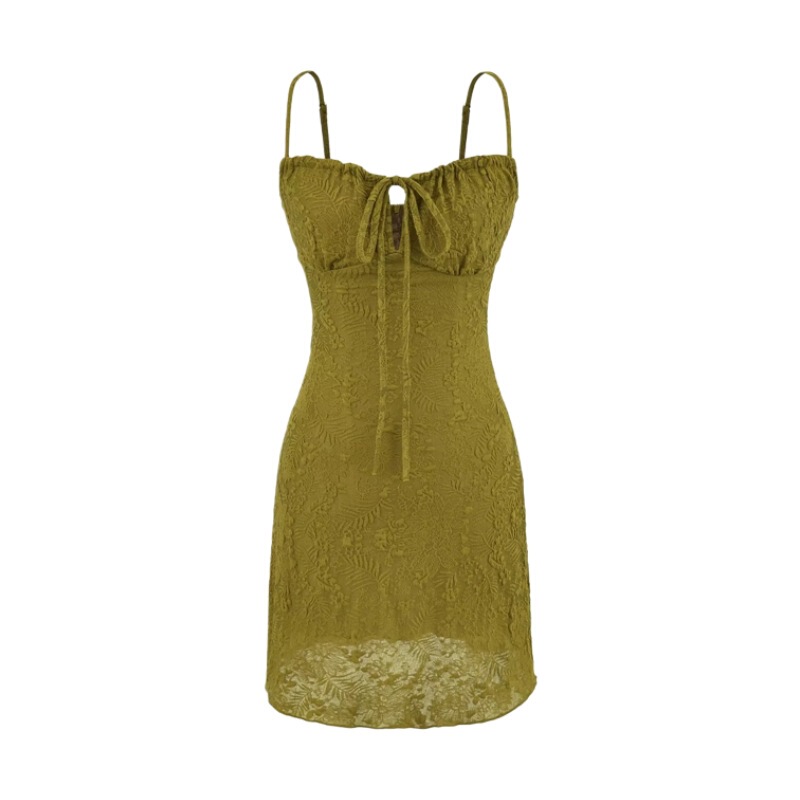 Korean Retro Green Square-Neck Sexy Vintage Vacation Textured Spaghetti Strap Dress for Women, Waist-Cinching Slim-Fit Mini Dress
