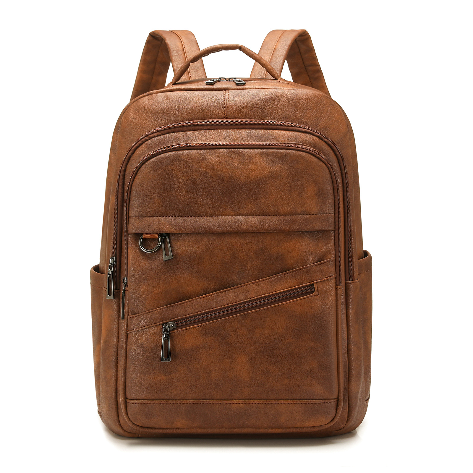 New cross-border PU leather backpack for men and women, large-capacity student laptop bag, casual short-trip travel bag, commuter backpack