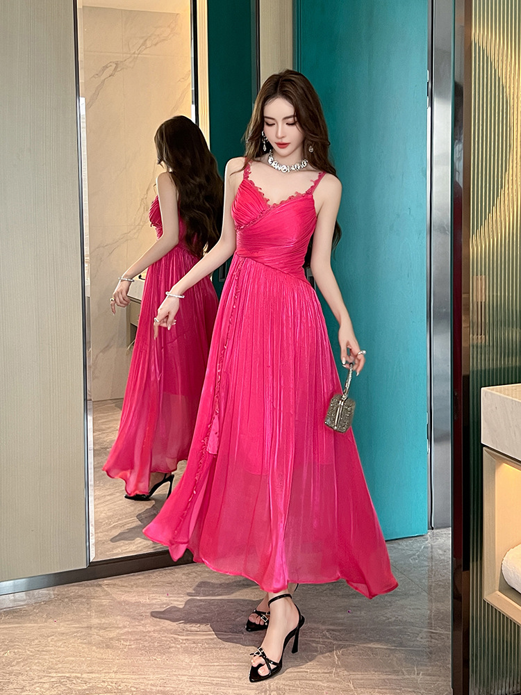 Váy dài maxi nữ cổ chữ V thắt eo phong cách Pháp đi nghỉ mát — Hồng Hoa Hồng