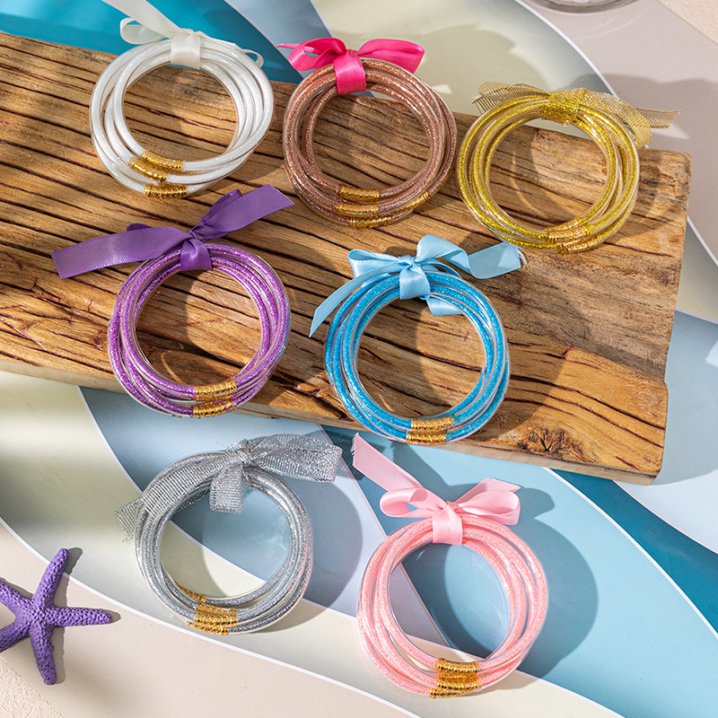 Gold Glitter Children's Bracelet, Fruit-Resistant Jelly Bracelet for Girls, Bow Ribbon Hand Accessory, Cross-Border Wholesale Supply