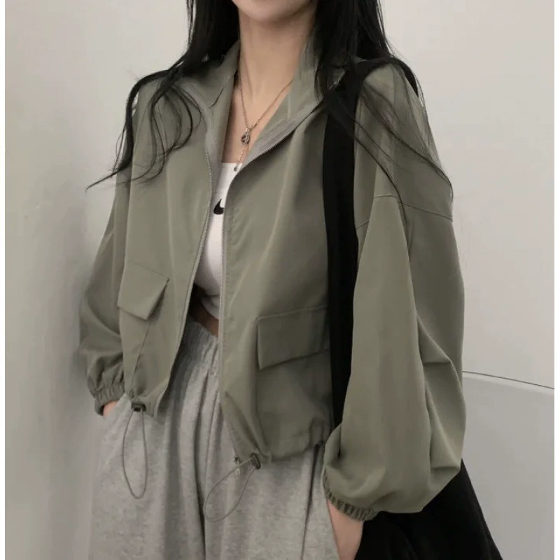 Short Windproof Baseball Jacket, Women, Summer Thin Sun-Protective Drawstring, Retro Fit