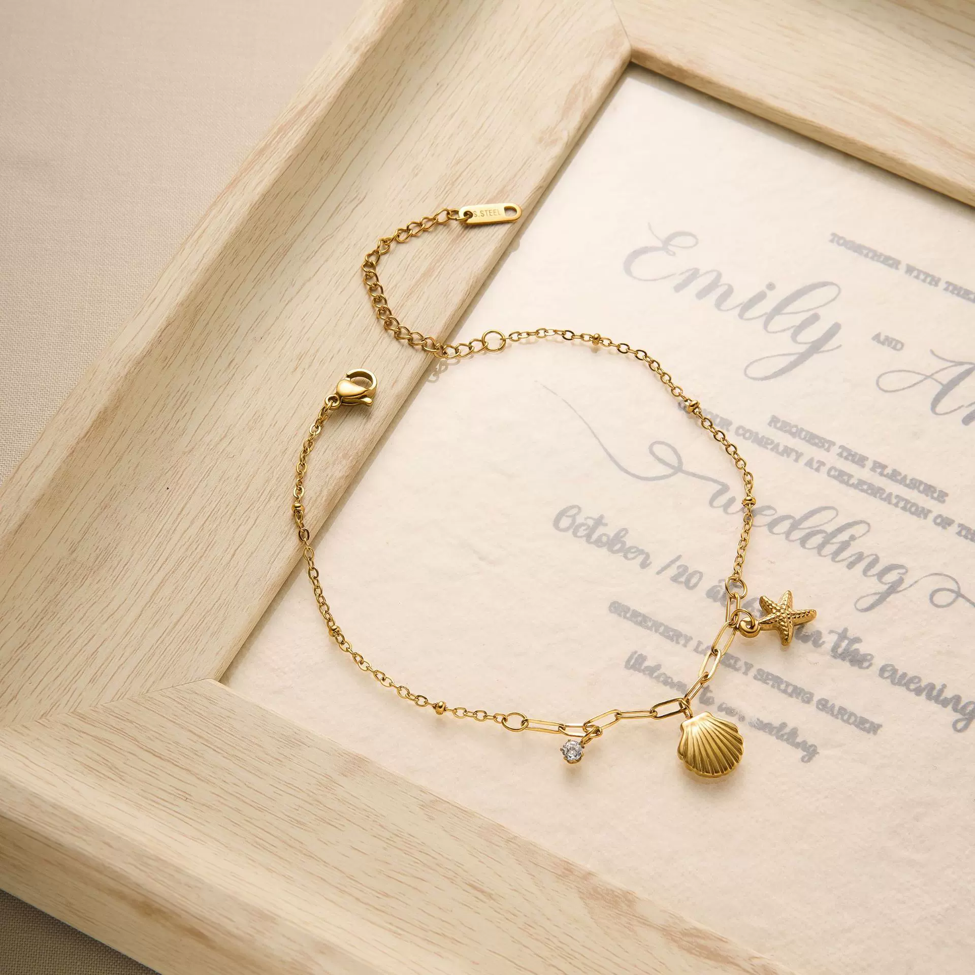 夏季新款沙滩钛钢不掉色脚链女18k金贝壳海星镶钻旅行不锈钢饰品