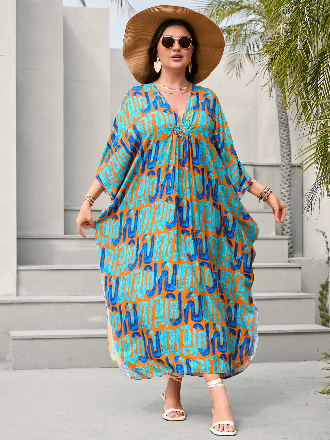 2024 nueva blusa de playa transfronteriza rayón Impresión de posicionamiento tejida a mano más vestido de tamaño falda de playa de vacaciones