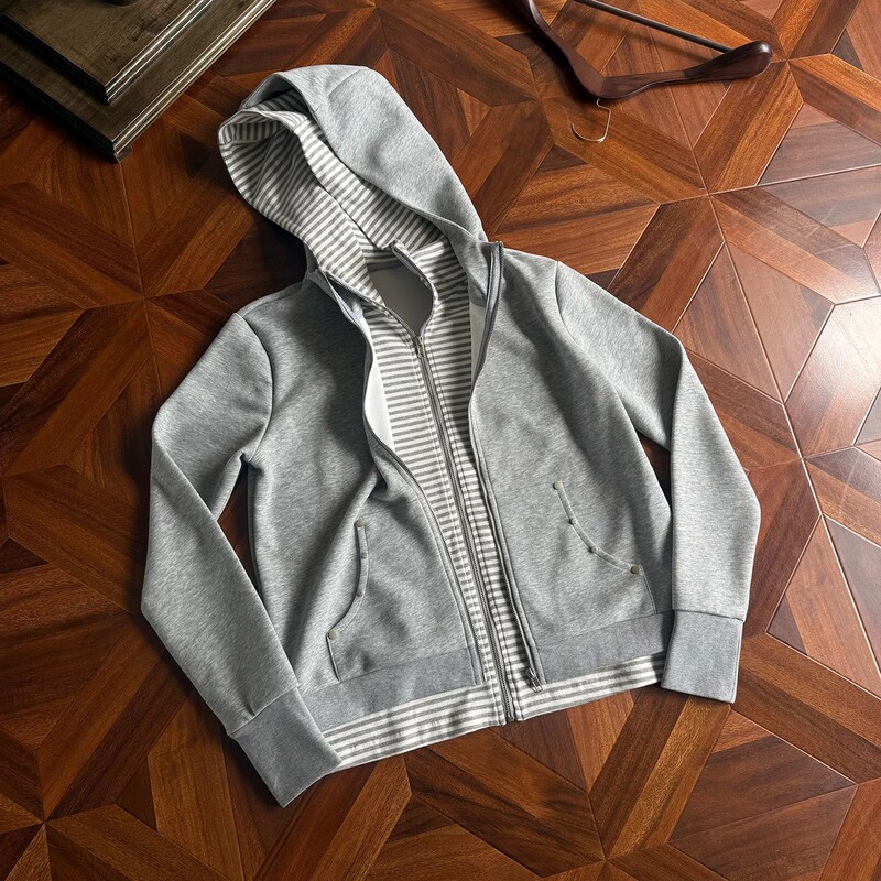 "Rebel Punk" Gray Two-Piece Striped Rivet Pocket Slim Cardigan Hooded Zipper Boxy Sweatshirt