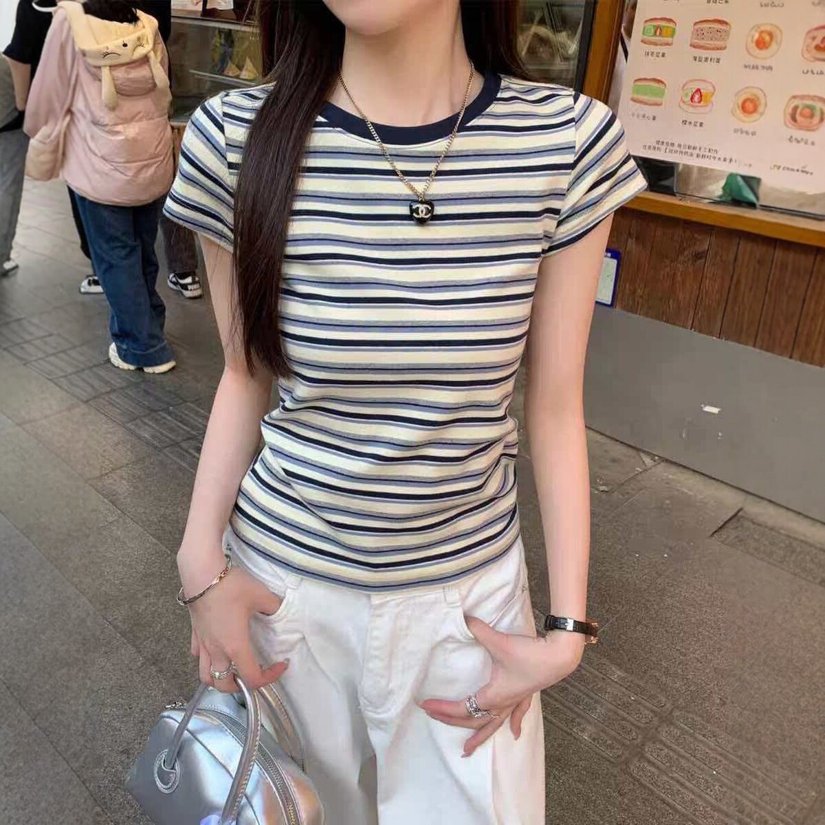 Irina Summer Striped Short-Sleeve T-Shirt for Women, Slim Fit, Round Neck, Color-Blocking Top, Korean Style, Versatile Trendy Casual T-Shirt