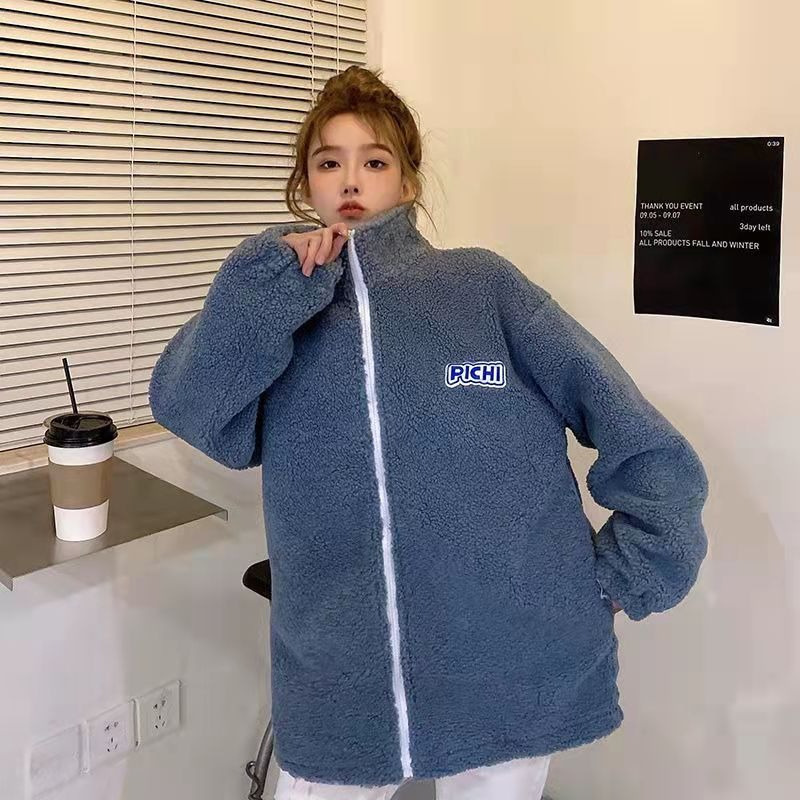 羊羔毛外套女秋冬季小个子高级感上衣加绒加厚美式复古开衫棒球服|undefined
