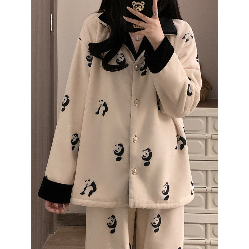 일본 팬더 잠옷 여성의 가을과 겨울 산호 양털 기모 두꺼운 2024 새로운 카디건 홈 의류 겨울 세트