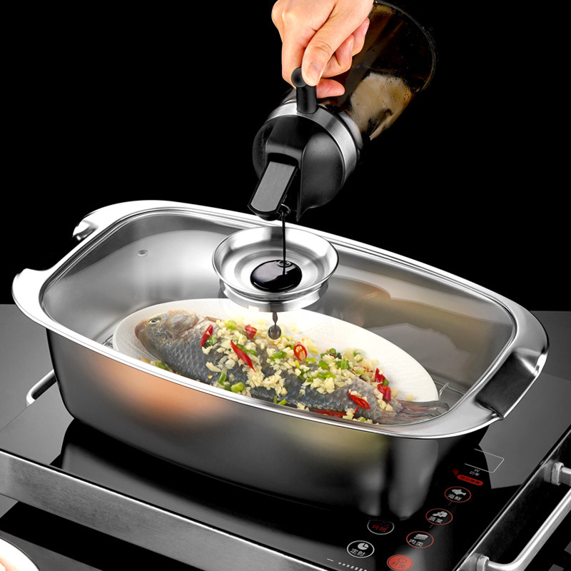 Hongjun Da 304 Stainless Steel Steamer Pot for Home Use, Soup Steamer Pot, Kitchen Fish Steamer Pot with Steaming Rack, Universal for Stoves, Fish Cooking Pot