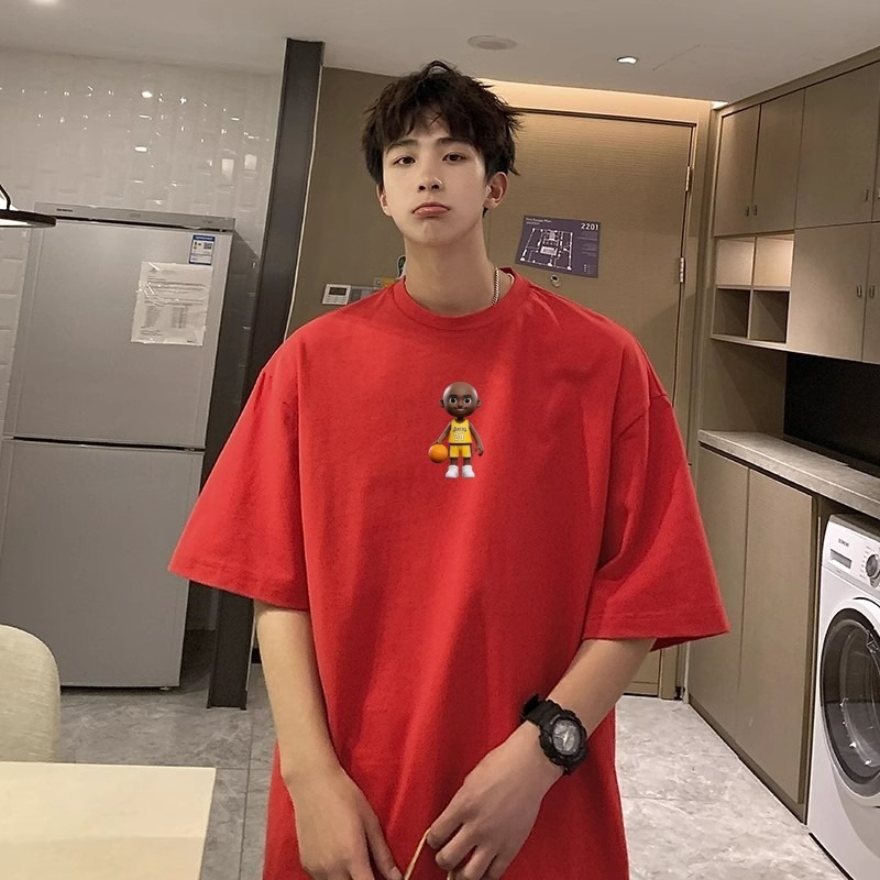 Summer New Pure Cotton Short-Sleeved T-Shirt Men's American Fashion Brand Printed Loose Large Size Casual Youth Student Tops