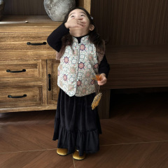 中秋儿童汉服套装秋季女童新中式改良无袖旗袍马甲小女孩周岁礼服