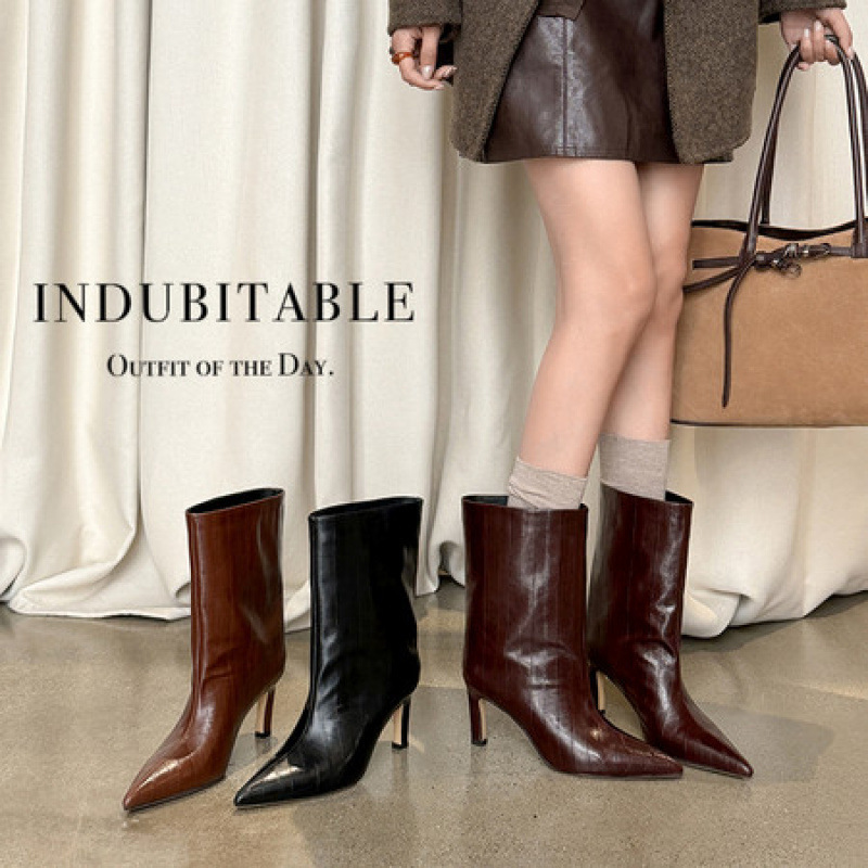 Genuine Leather 7.5cm Thin Heel Pointed Toe Loose Slip-On Mid-Calf Boots for Women, Autumn and Winter Style, Elegant and Fashionable Calf-Length Riding Boots Genuine Leather 7.5cm Thin Heel Pointed Toe Loose Slip-On Mid-Calf Boots for Women, Autumn and Winter Style, Elegant and Fashionable Calf-Length Riding Boots