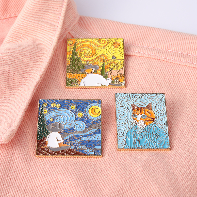 New Oil Painting Alloy Brooches Creative Van Gogh Starry Sky Geometric Pattern Modeling Paint Brooch display picture 6