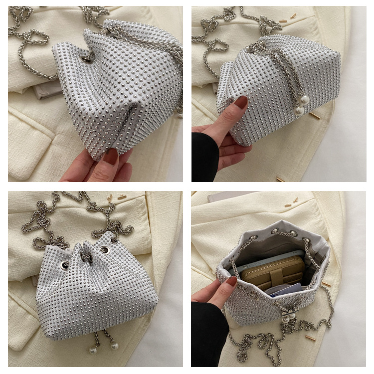 Minimalist Women's Bucket Bag With Diamond Details Single Shoulder_voghion.com