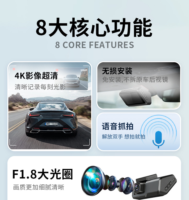 Y HD 4K Dash Cam with front and rear dual recording, mobile app connectivity, 3inch IPS screen, loop recording, car equipment