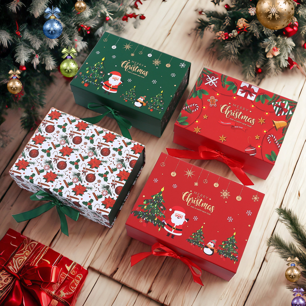 Popular Christmas gift box in red, green, and white cardboard with printed embossing, exclusively for cross-border sales