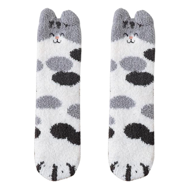 Calcetines de invierno calcetines de media pantorrilla para mujer Otoño e Invierno forrados de lana engrosada gato afortunado terciopelo de coral cálido ins moda lindo estudiante Calcetines