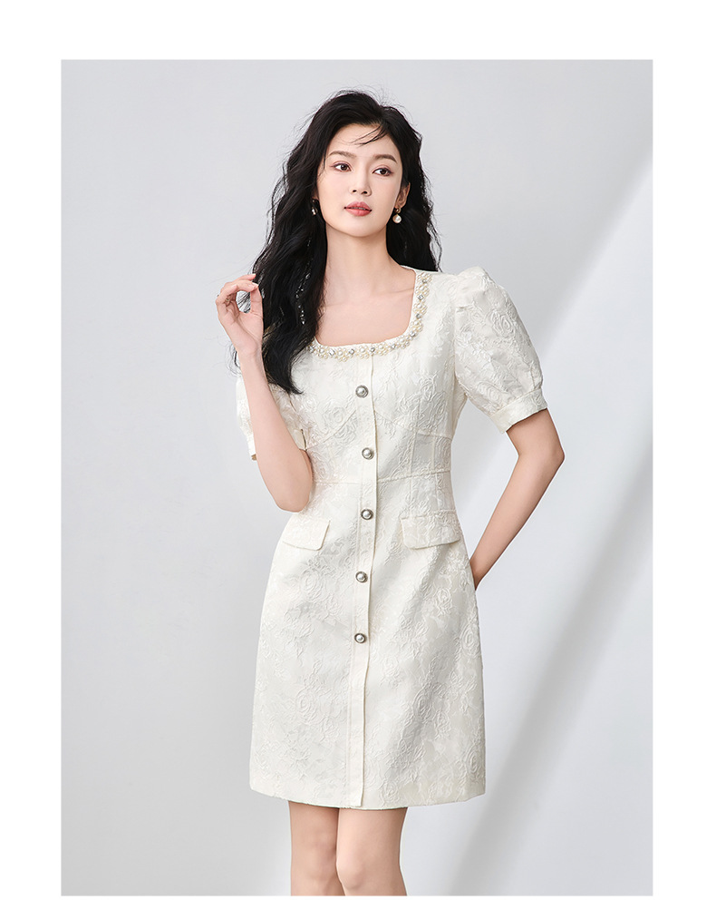 Váy liền tay phồng cổ vuông jacquard nổi họa tiết ngọc trai phong cách tiểu thư — Màu be chi tiết 7