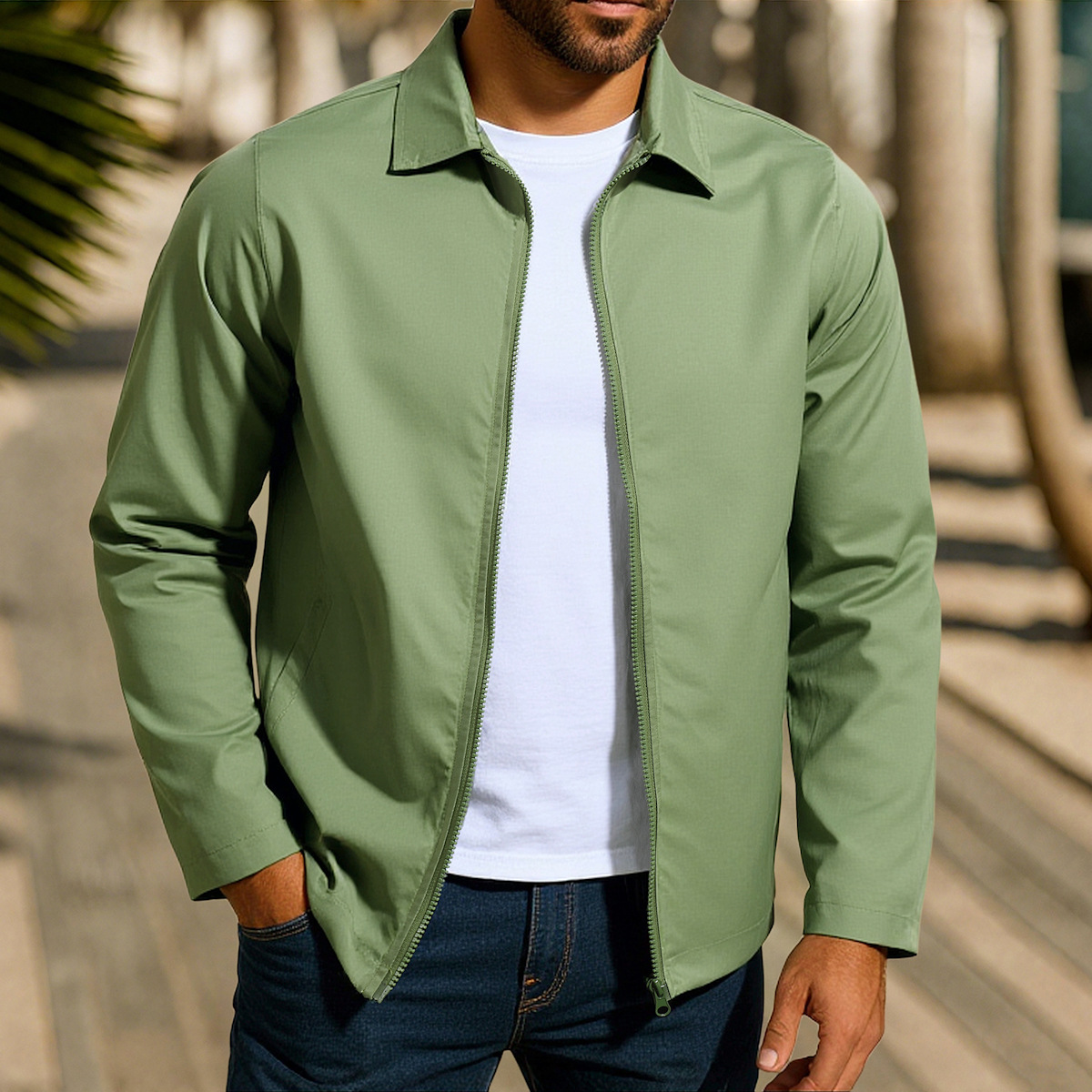 Men's Raglan Sleeve Denim Jacket With Zipper And Windproof Design_voghion.com