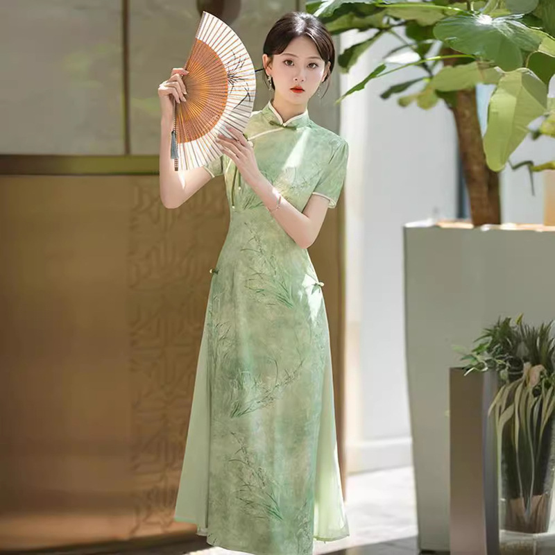 Green Cheongsam Improved Young Girl New Chinoiserie 2024 New Versatile Elegant Little Dress Summer