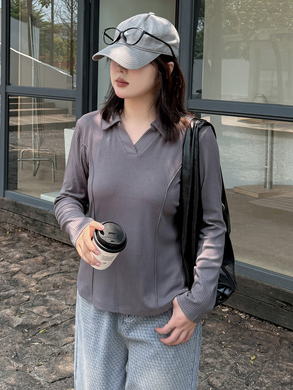 伊诺大码女装通勤简约长袖T恤2025秋季新款套头polo领上衣313112|undefined