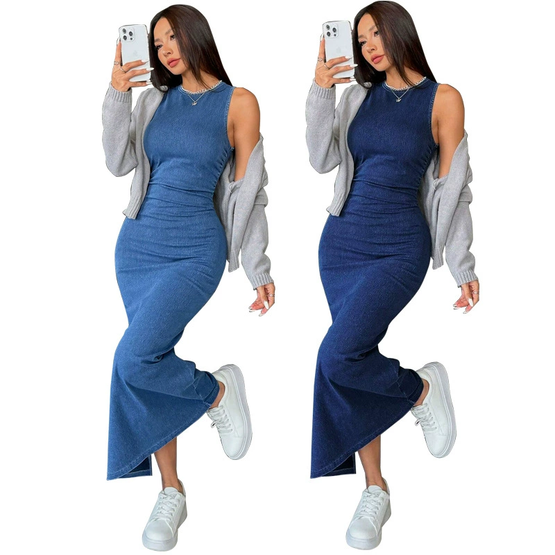 218585 трансграничная женская одежда новый ковбой с круглым вырезом без рукавов тонкое платье бедра источник фабрики прямых продаж