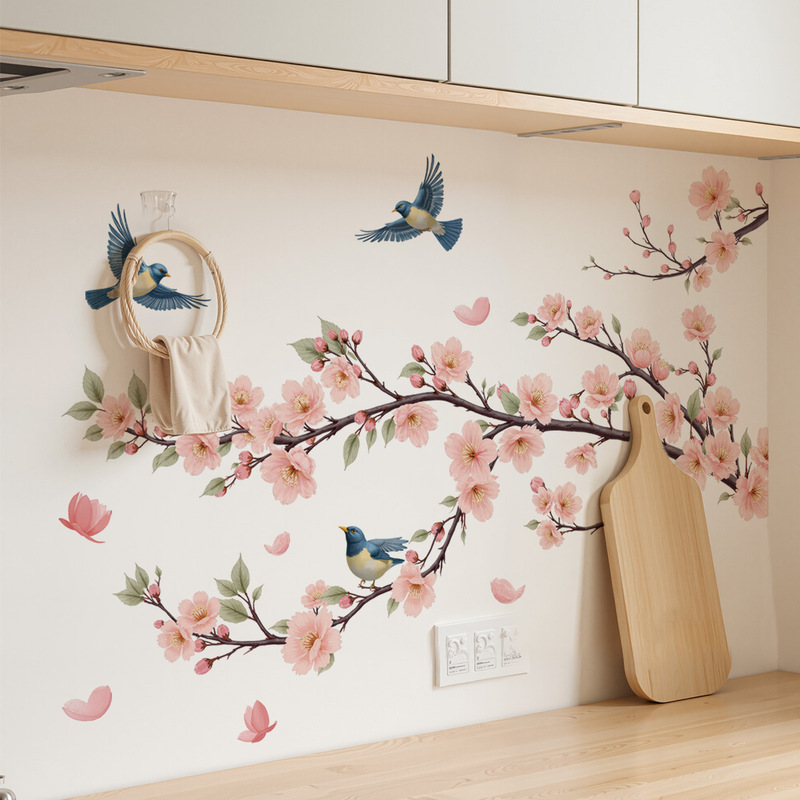 植物枝条花卉贴纸花朵小鸟背景墙可移除自粘墙贴亚马逊贴画 39065|undefined