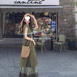 中国风套装夏季复古镂空针织背心连衣裙碎花半身裙两件套绵羊绒
